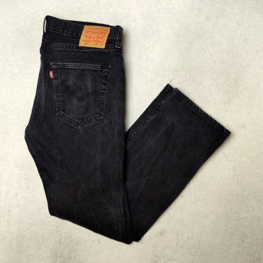 Levis 501 Jeans Mens 34x29 Black Straight Charcoal Wash Distressed Button Fly